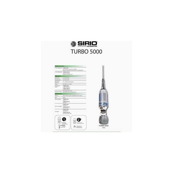 SIRIO TURBO 5000 antenna CB veicolare per alta potenza, stilo inox lungo 195 cm., potenza 2,5 KW. NUOVA PRONTA CONSEGNA