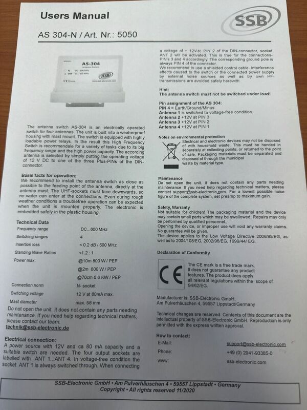 SSB ELECTRONICS AC 2004 E AS 2004 COMMUTAZIONE  SU QUATTRO ANTENNE  SU TUTTE LE BANDE RADIOAMATORIALI DAGLI 80M  AI 70 CM